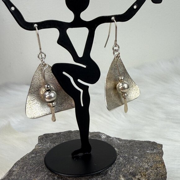 Vintage Jewelry - Vintage Triangle & Bead Dangle Sterling Silver Pierced Earrings 1.75"